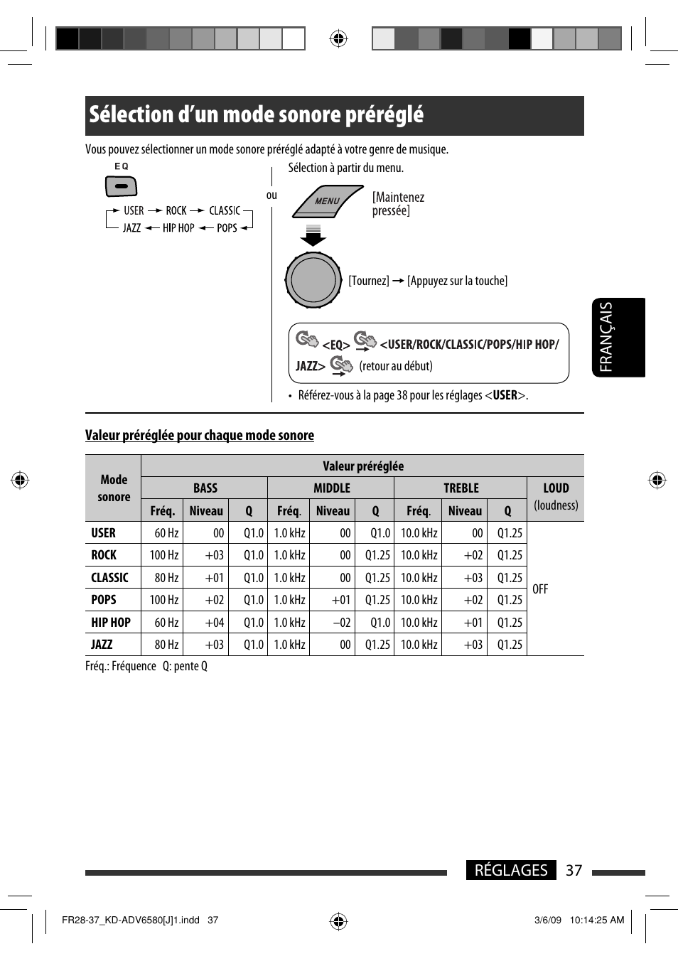 Sélection d’un mode sonore préréglé, 37 réglages français | JVC KD-ADV6580 User Manual | Page 157 / 181