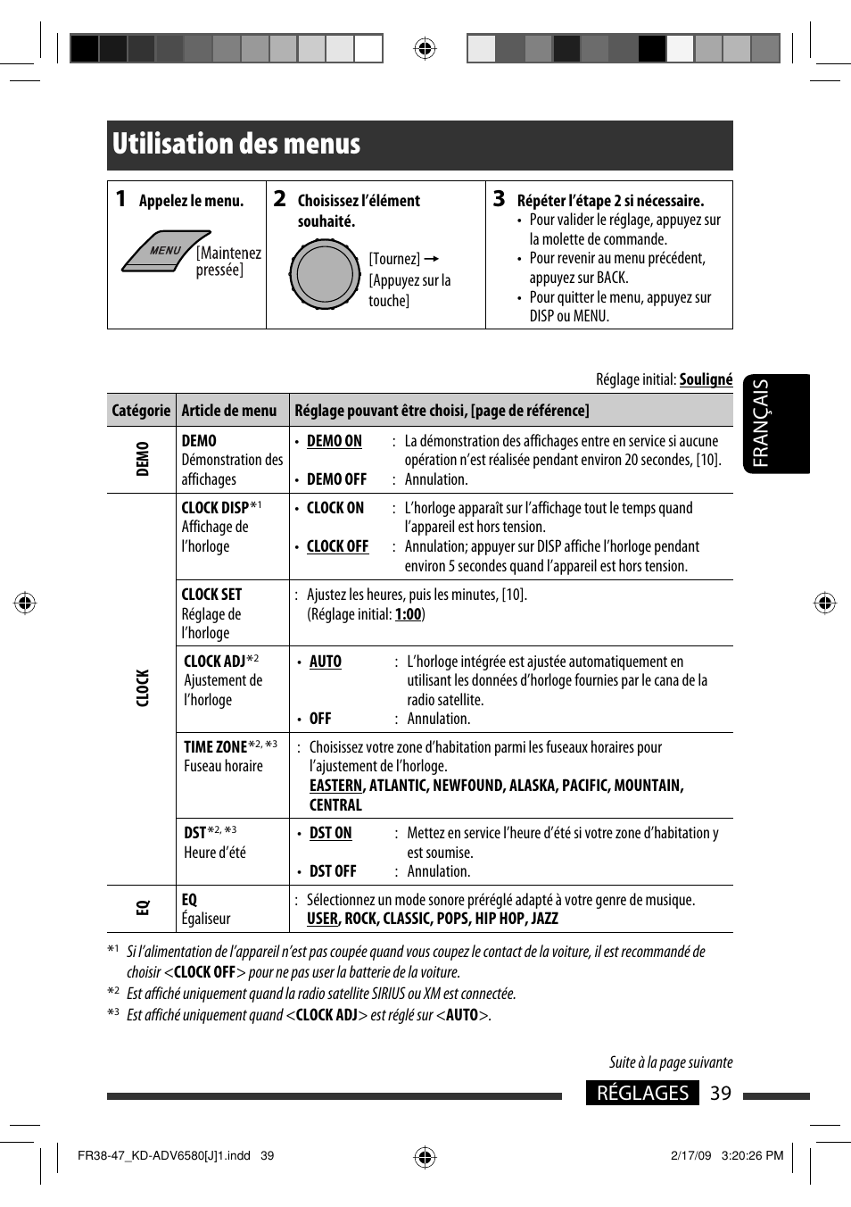 Utilisation des menus, 39 réglages français | JVC KD-ADV6580 User Manual | Page 159 / 181
