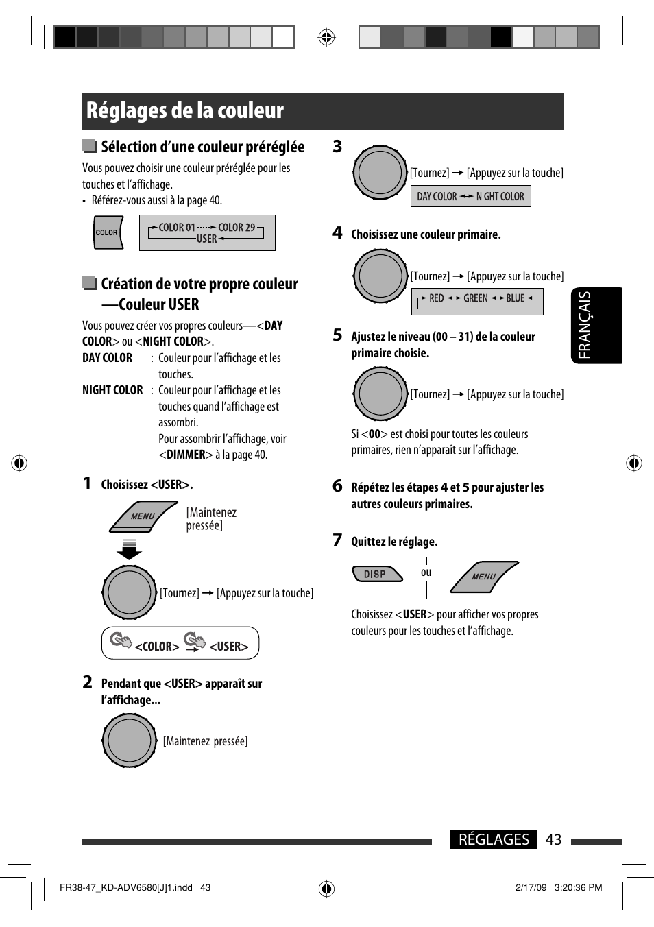 Réglages de la couleur, Sélection d’une couleur préréglée, Création de votre propre couleur —couleur user | JVC KD-ADV6580 User Manual | Page 163 / 181