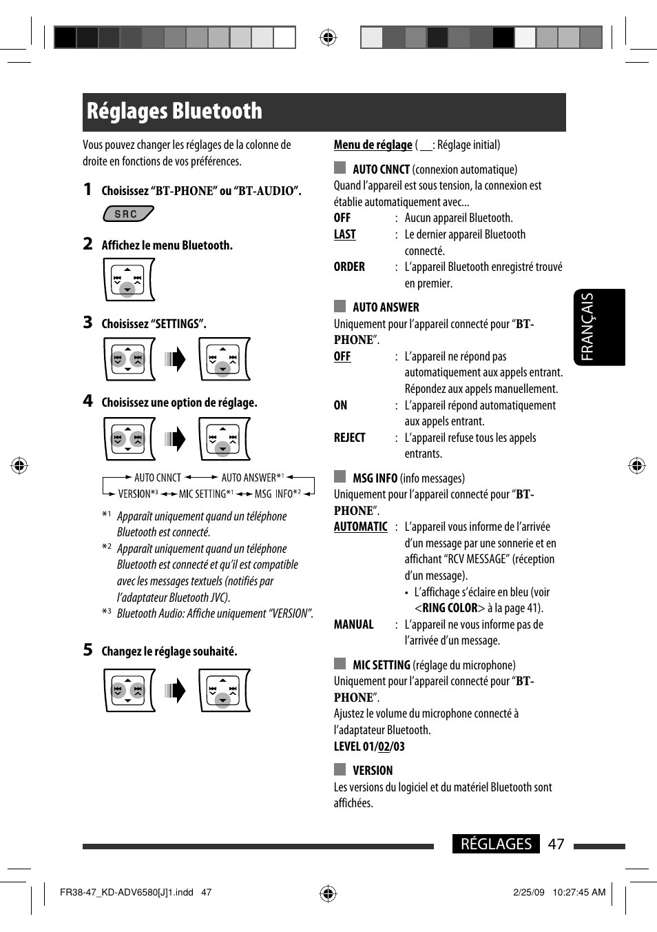 Réglages bluetooth, 47 réglages français | JVC KD-ADV6580 User Manual | Page 167 / 181