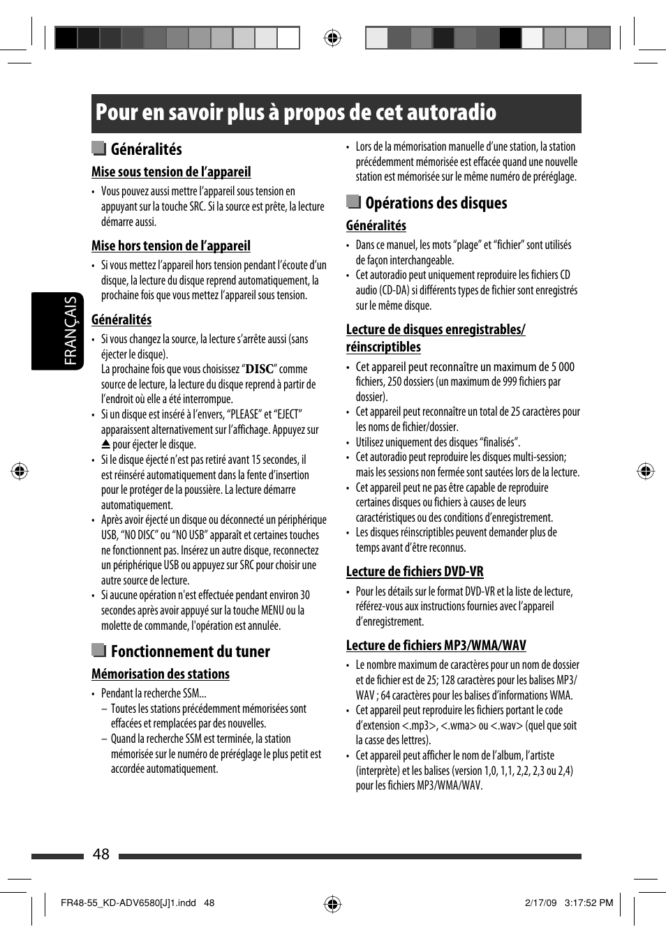 Pour en savoir plus à propos de cet autoradio, Généralités, Fonctionnement du tuner | Opérations des disques, 48 français | JVC KD-ADV6580 User Manual | Page 168 / 181