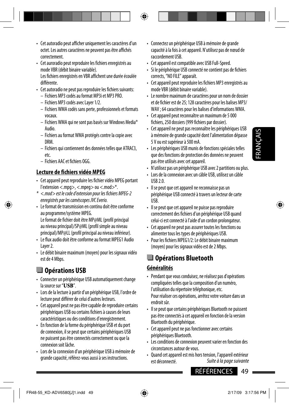 Opérations usb, Opérations bluetooth, 49 références français | JVC KD-ADV6580 User Manual | Page 169 / 181