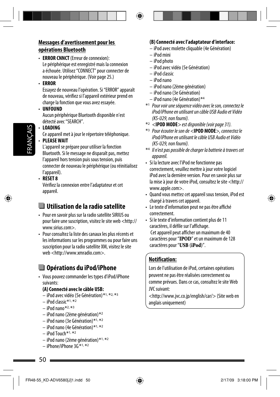 Utilisation de la radio satellite, Opérations du ipod/iphone, 50 français | Notification | JVC KD-ADV6580 User Manual | Page 170 / 181