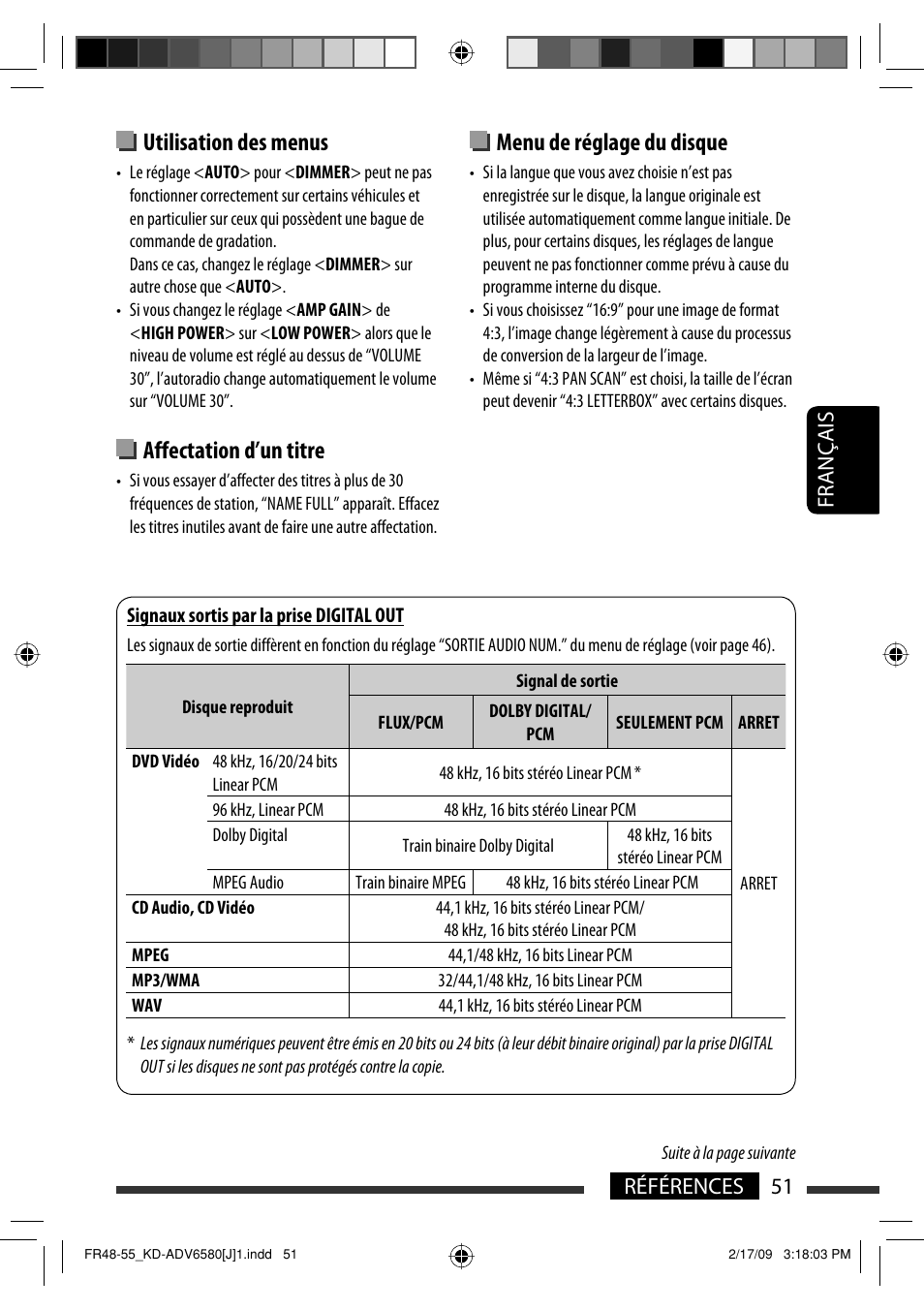 Utilisation des menus, Affectation d’un titre, Menu de réglage du disque | 51 références français | JVC KD-ADV6580 User Manual | Page 171 / 181