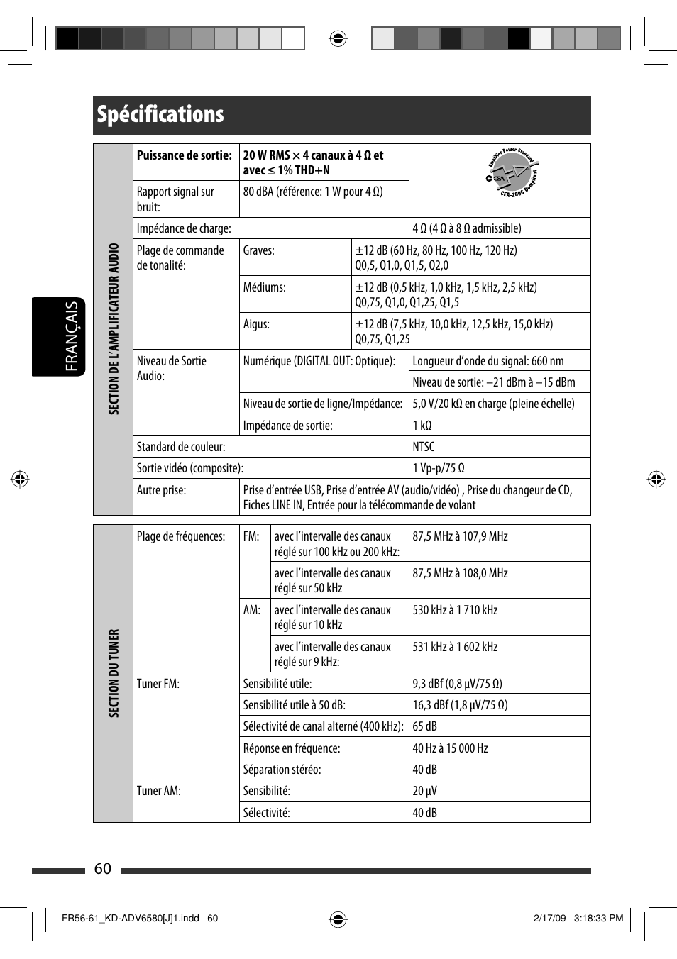Spécifications, 60 français | JVC KD-ADV6580 User Manual | Page 180 / 181