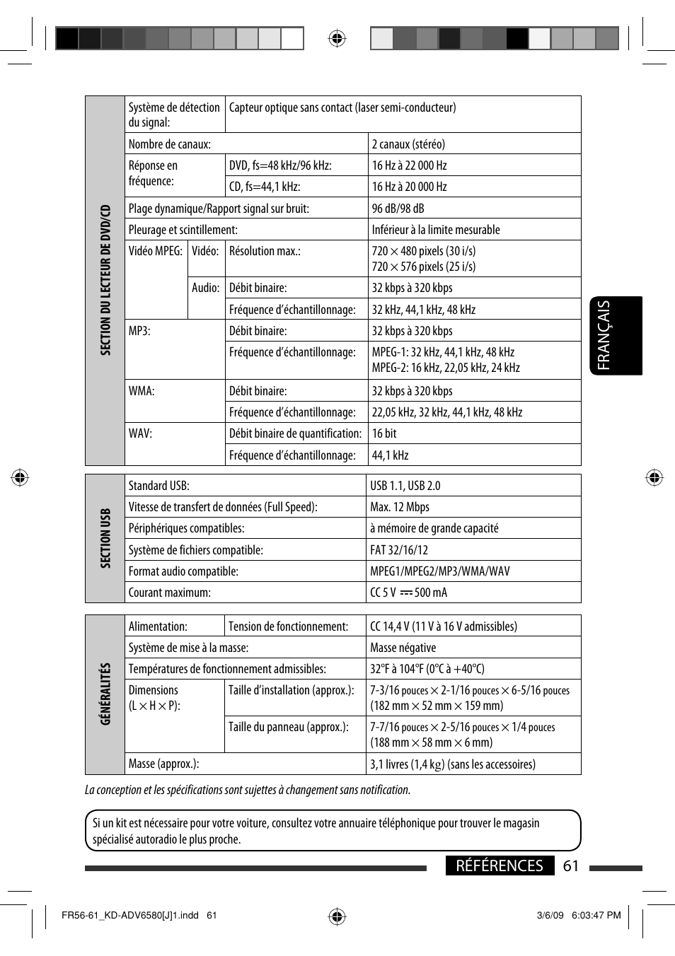 61 références français | JVC KD-ADV6580 User Manual | Page 181 / 181