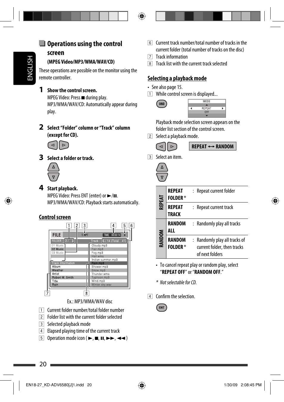Operations using the control screen, 20 english | JVC KD-ADV6580 User Manual | Page 20 / 181