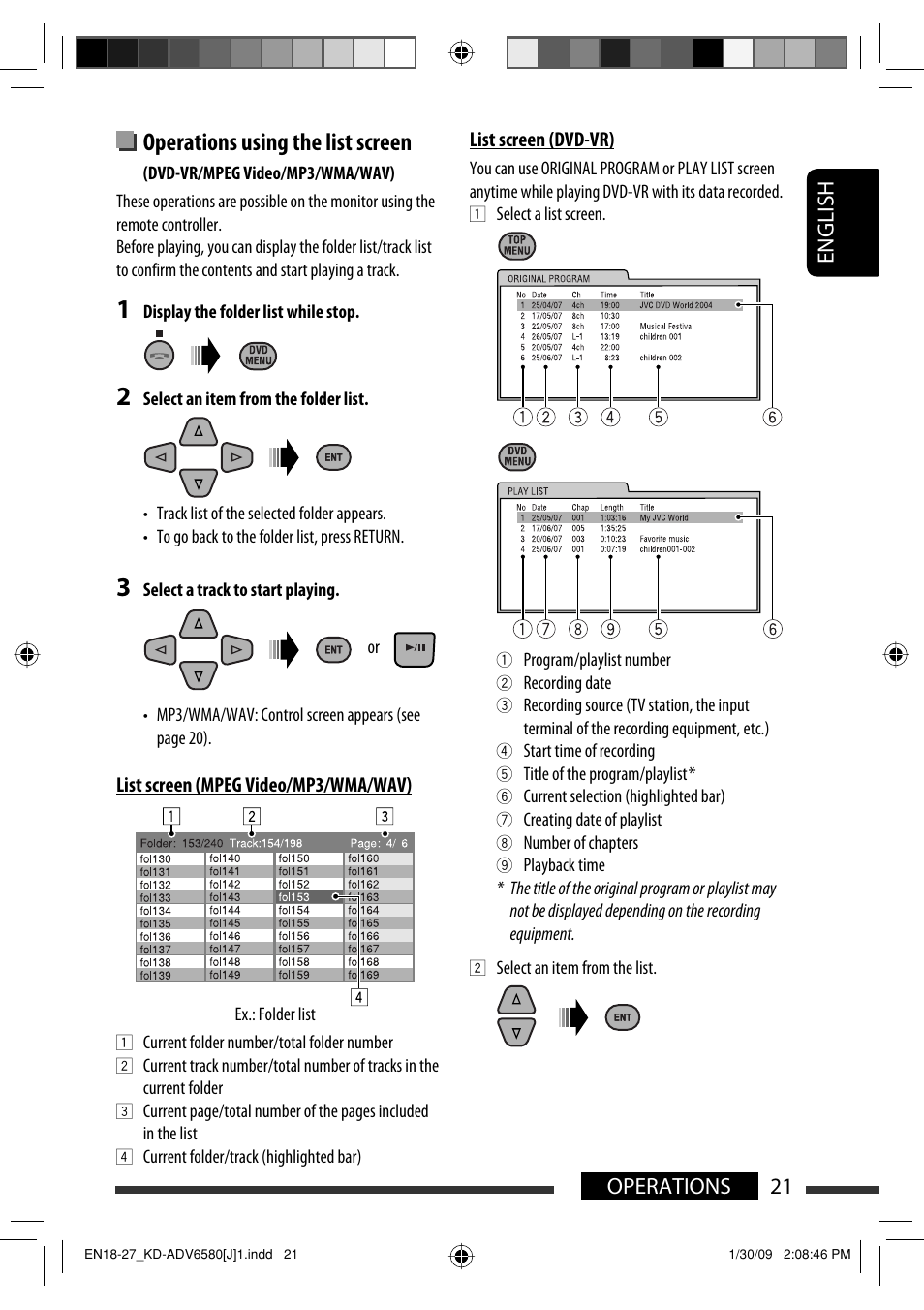 Operations using the list screen, 21 operations english | JVC KD-ADV6580 User Manual | Page 21 / 181