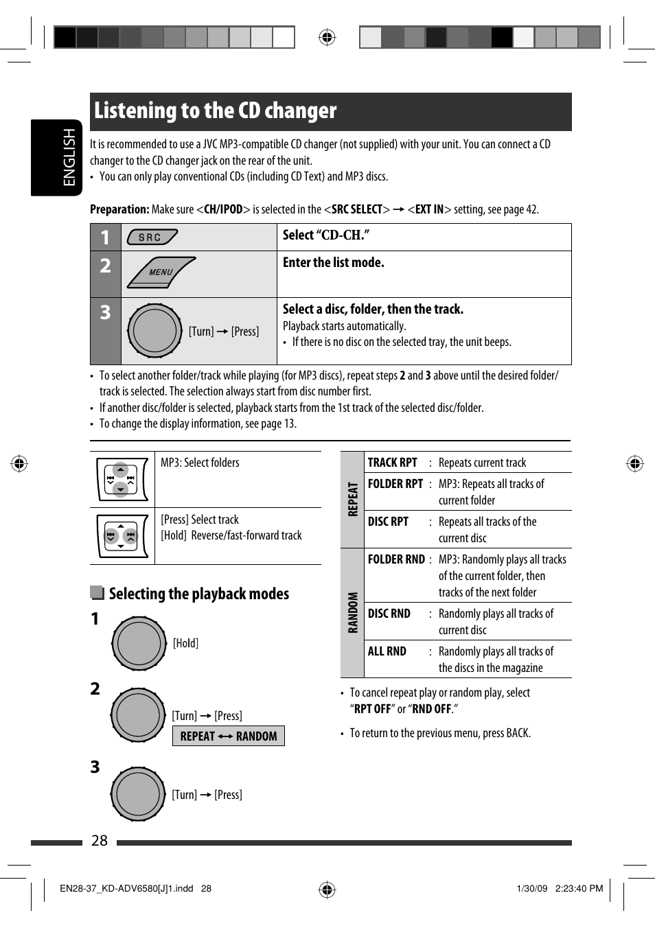 Listening to the cd changer, Selecting the playback modes | JVC KD-ADV6580 User Manual | Page 28 / 181