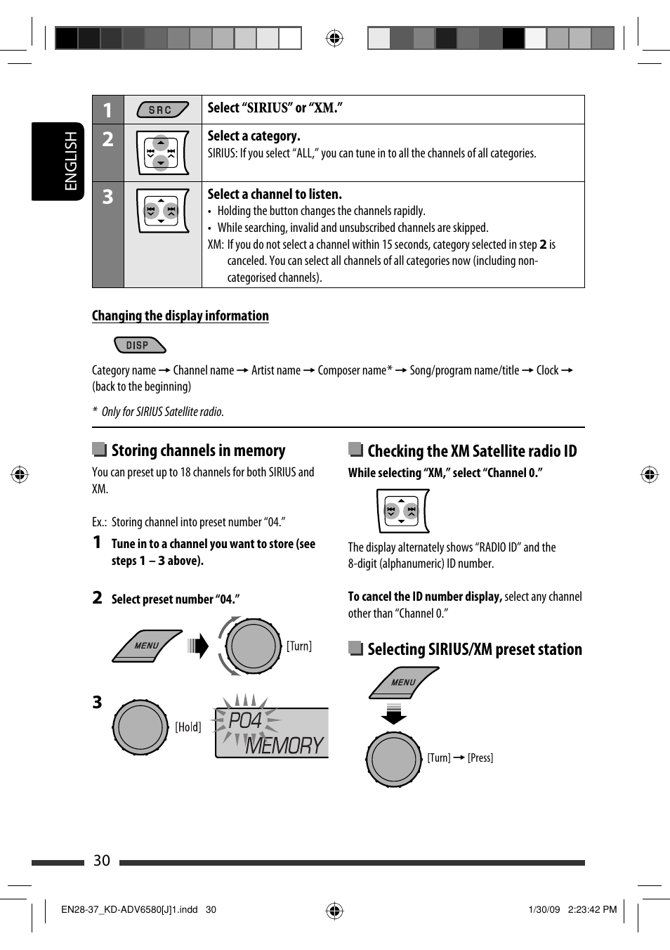 Checking the xm satellite radio id, Selecting sirius/xm preset station | JVC KD-ADV6580 User Manual | Page 30 / 181
