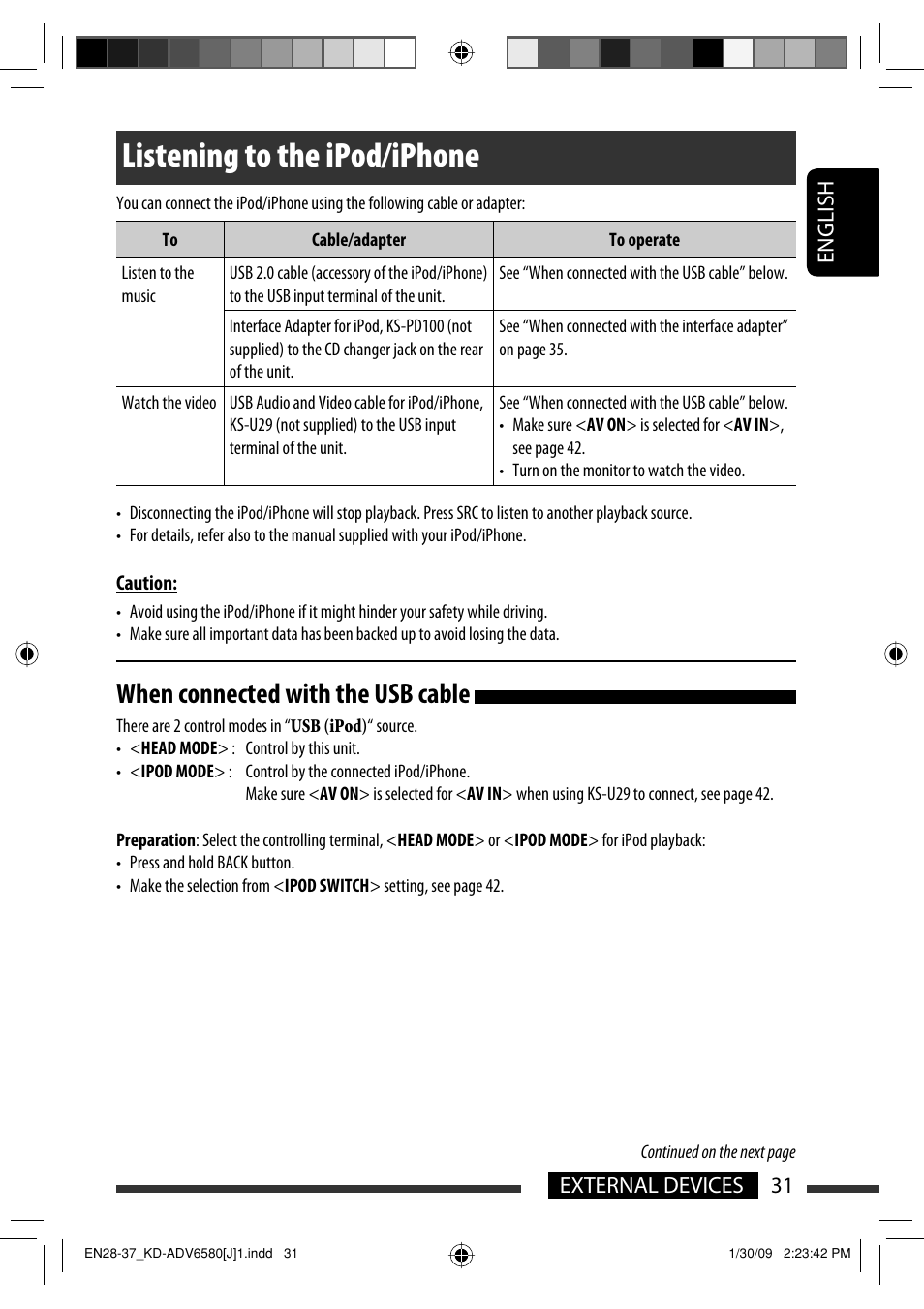 Listening to the ipod/iphone, When connected with the usb cable, 31 external devices english | JVC KD-ADV6580 User Manual | Page 31 / 181