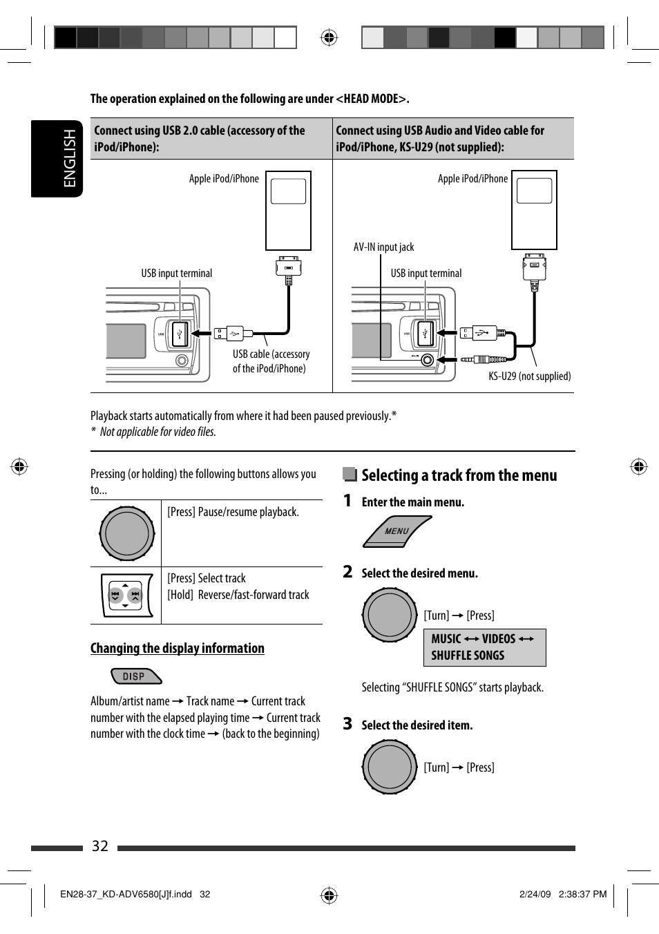 Selecting a track from the menu, 32 english | JVC KD-ADV6580 User Manual | Page 32 / 181