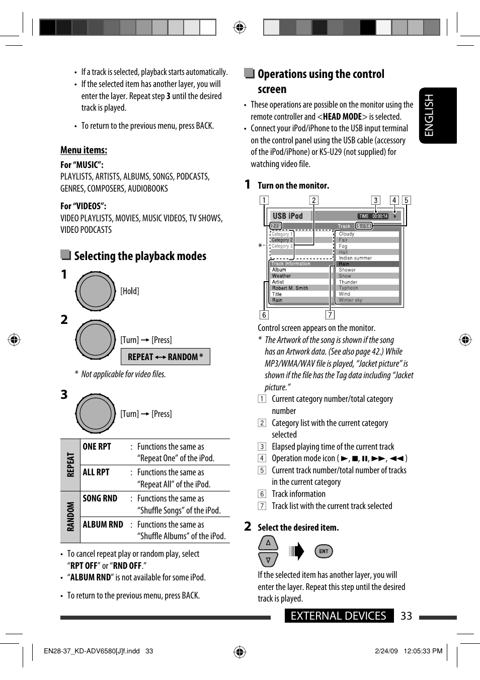 Selecting the playback modes, Operations using the control screen, 33 external devices english | JVC KD-ADV6580 User Manual | Page 33 / 181