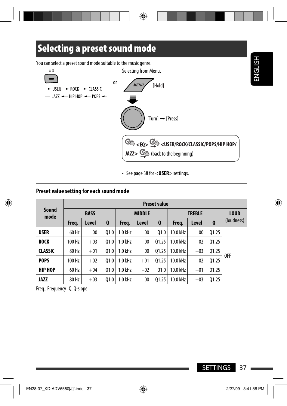 Selecting a preset sound mode, 37 settings english | JVC KD-ADV6580 User Manual | Page 37 / 181