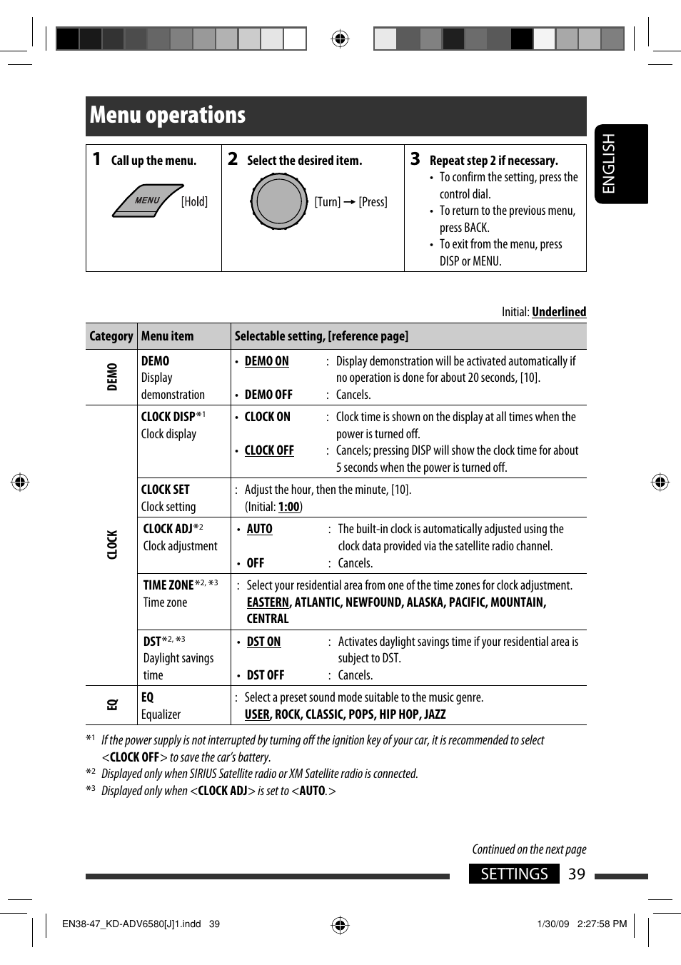Menu operations, 39 settings english | JVC KD-ADV6580 User Manual | Page 39 / 181