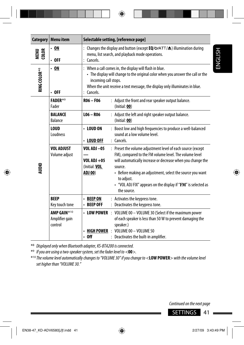 41 settings english | JVC KD-ADV6580 User Manual | Page 41 / 181
