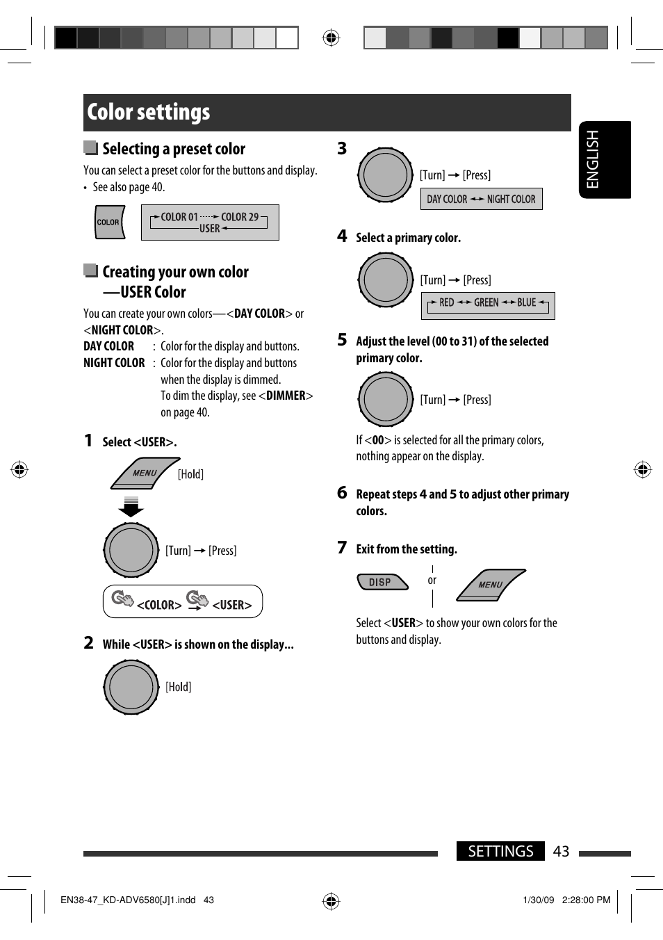 Color settings, Selecting a preset color, Creating your own color —user color | JVC KD-ADV6580 User Manual | Page 43 / 181