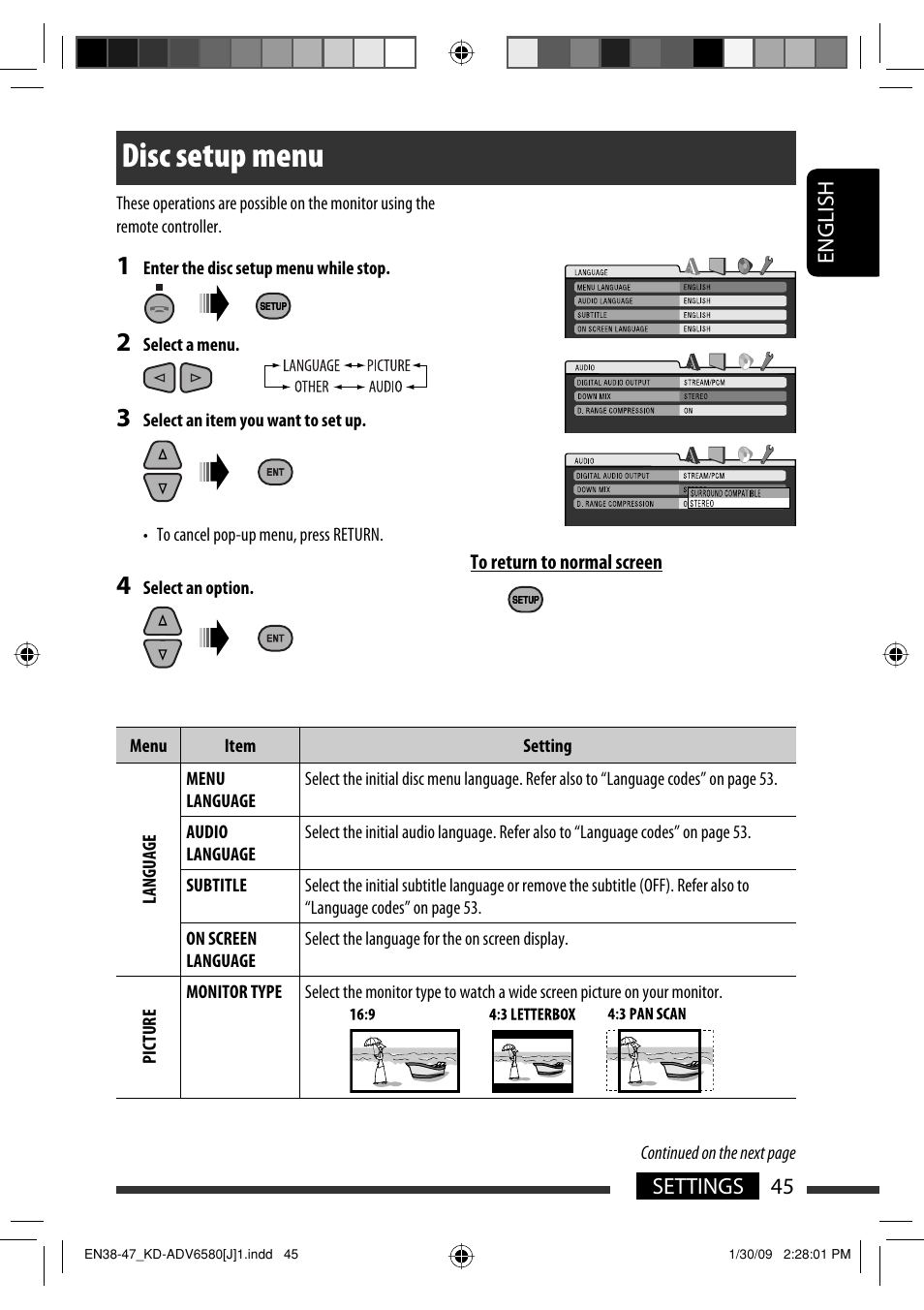 Disc setup menu | JVC KD-ADV6580 User Manual | Page 45 / 181