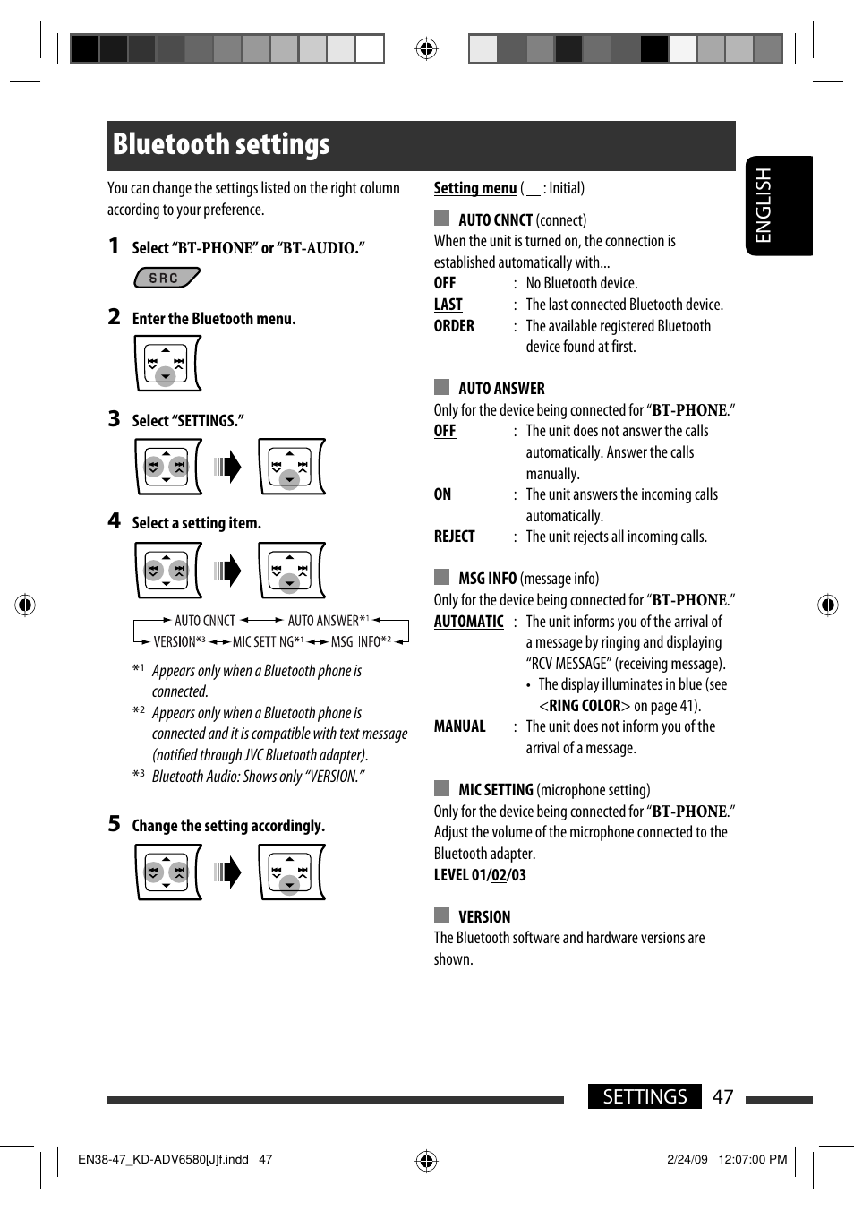 Bluetooth settings, 47 settings english | JVC KD-ADV6580 User Manual | Page 47 / 181