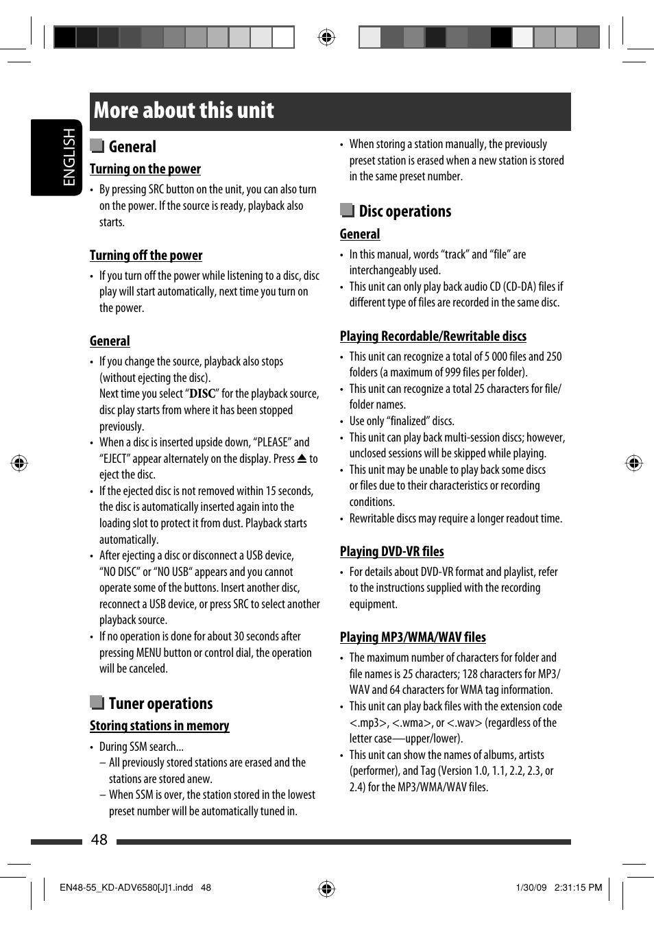 More about this unit, General, Tuner operations | Disc operations, 48 english | JVC KD-ADV6580 User Manual | Page 48 / 181