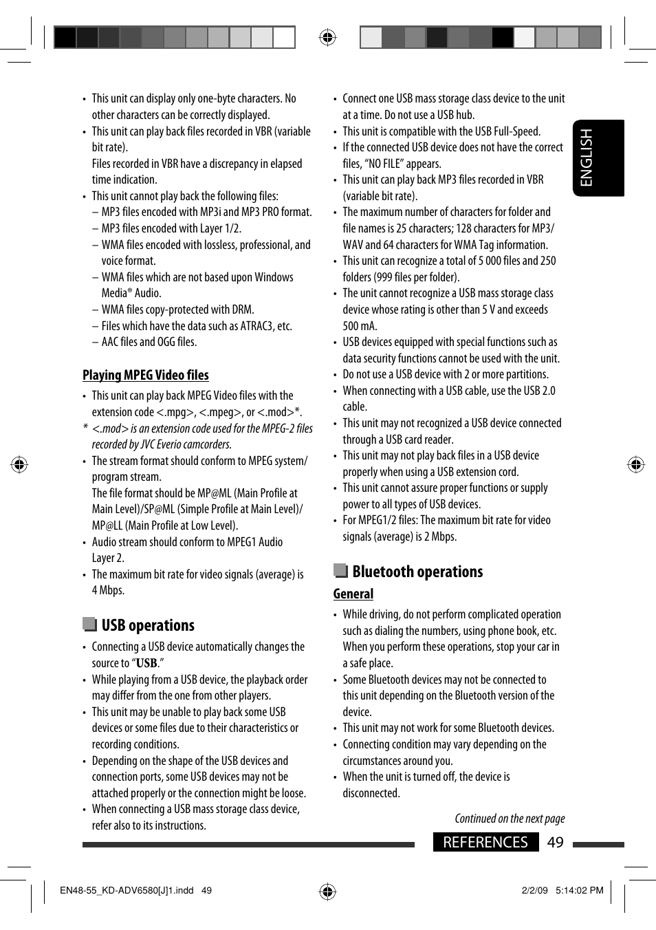 Usb operations, Bluetooth operations, 49 references english | JVC KD-ADV6580 User Manual | Page 49 / 181
