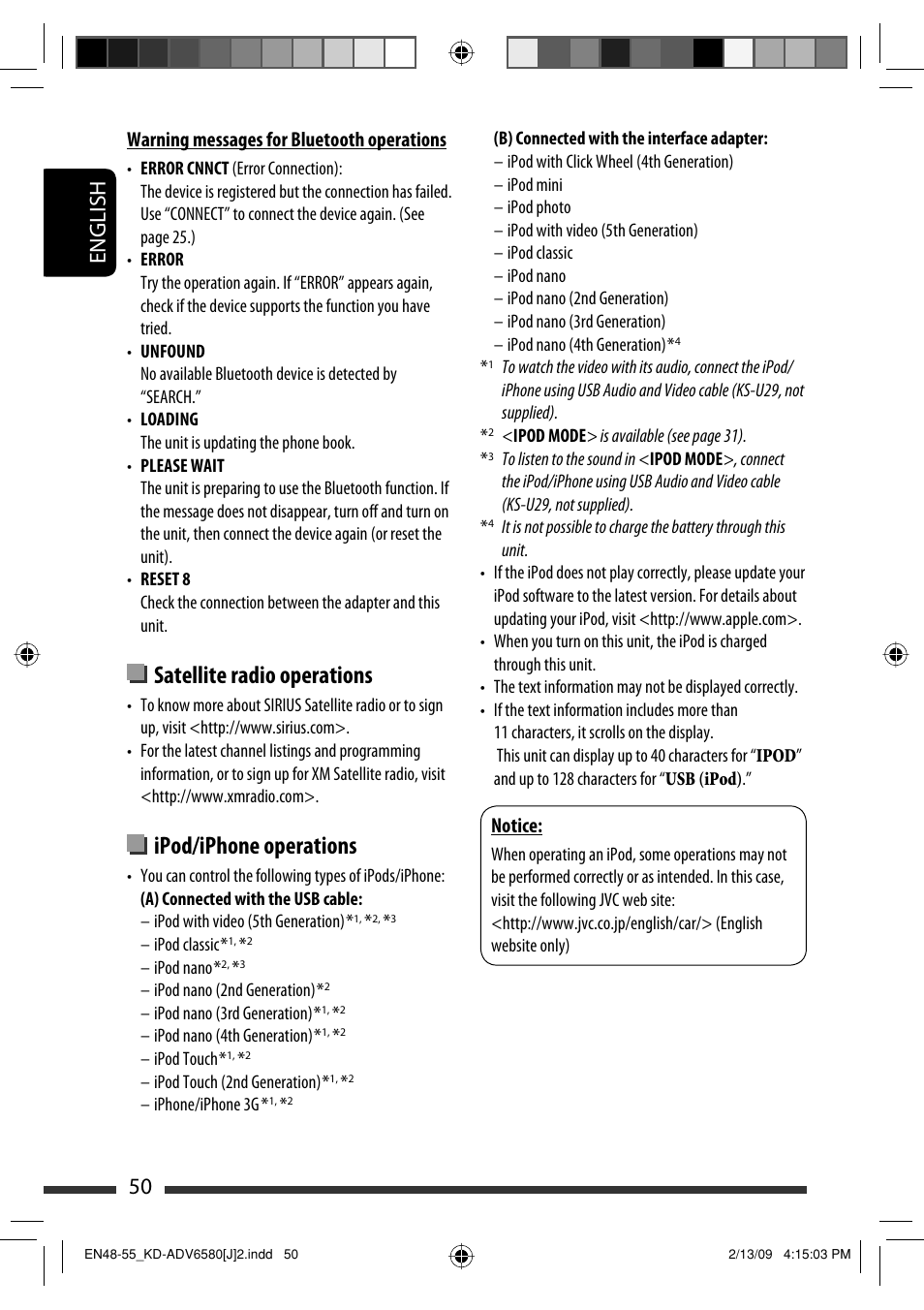 Satellite radio operations, Ipod/iphone operations, 50 english | Warning messages for bluetooth operations, Notice | JVC KD-ADV6580 User Manual | Page 50 / 181