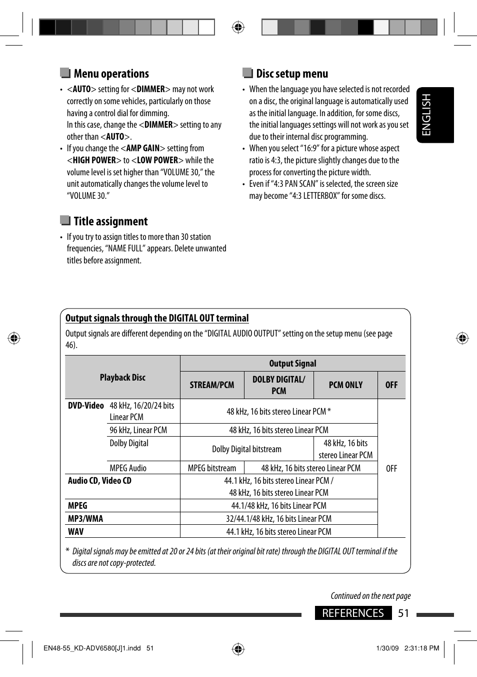 Menu operations, Title assignment, Disc setup menu | 51 references english | JVC KD-ADV6580 User Manual | Page 51 / 181