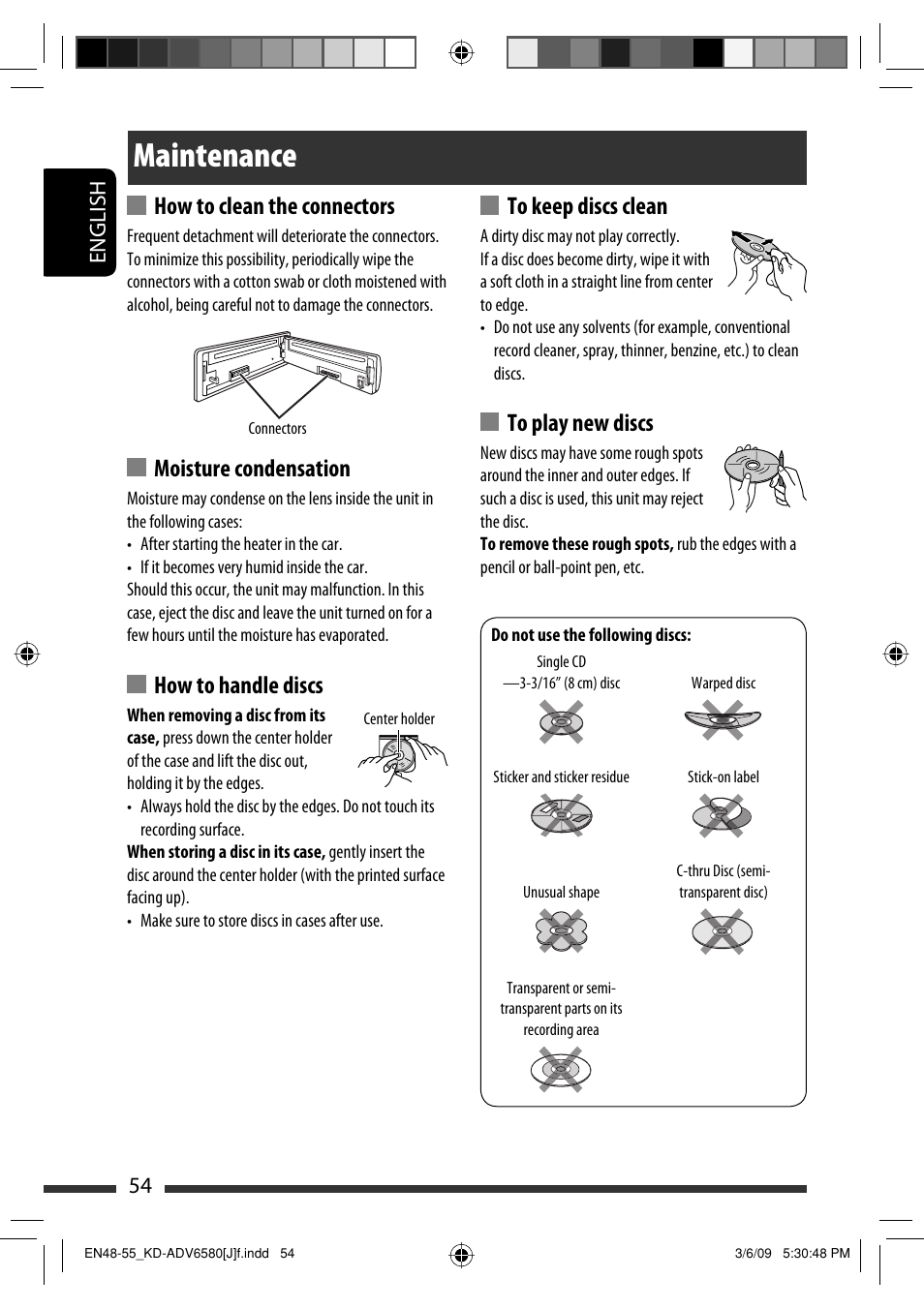 Maintenance, How to clean the connectors, Moisture condensation | How to handle discs, 54 english | JVC KD-ADV6580 User Manual | Page 54 / 181