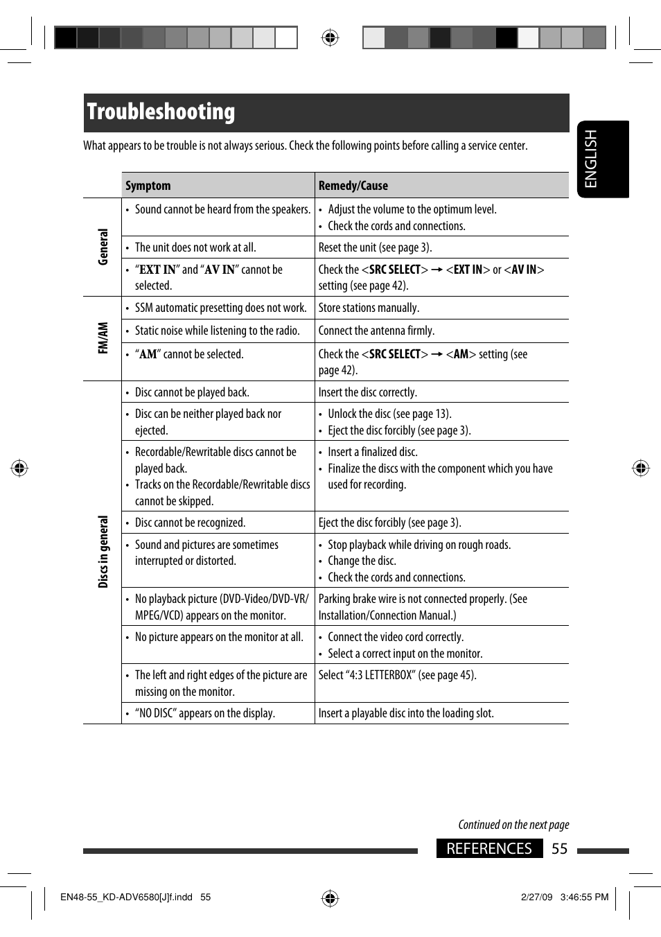 Troubleshooting, 55 references english | JVC KD-ADV6580 User Manual | Page 55 / 181