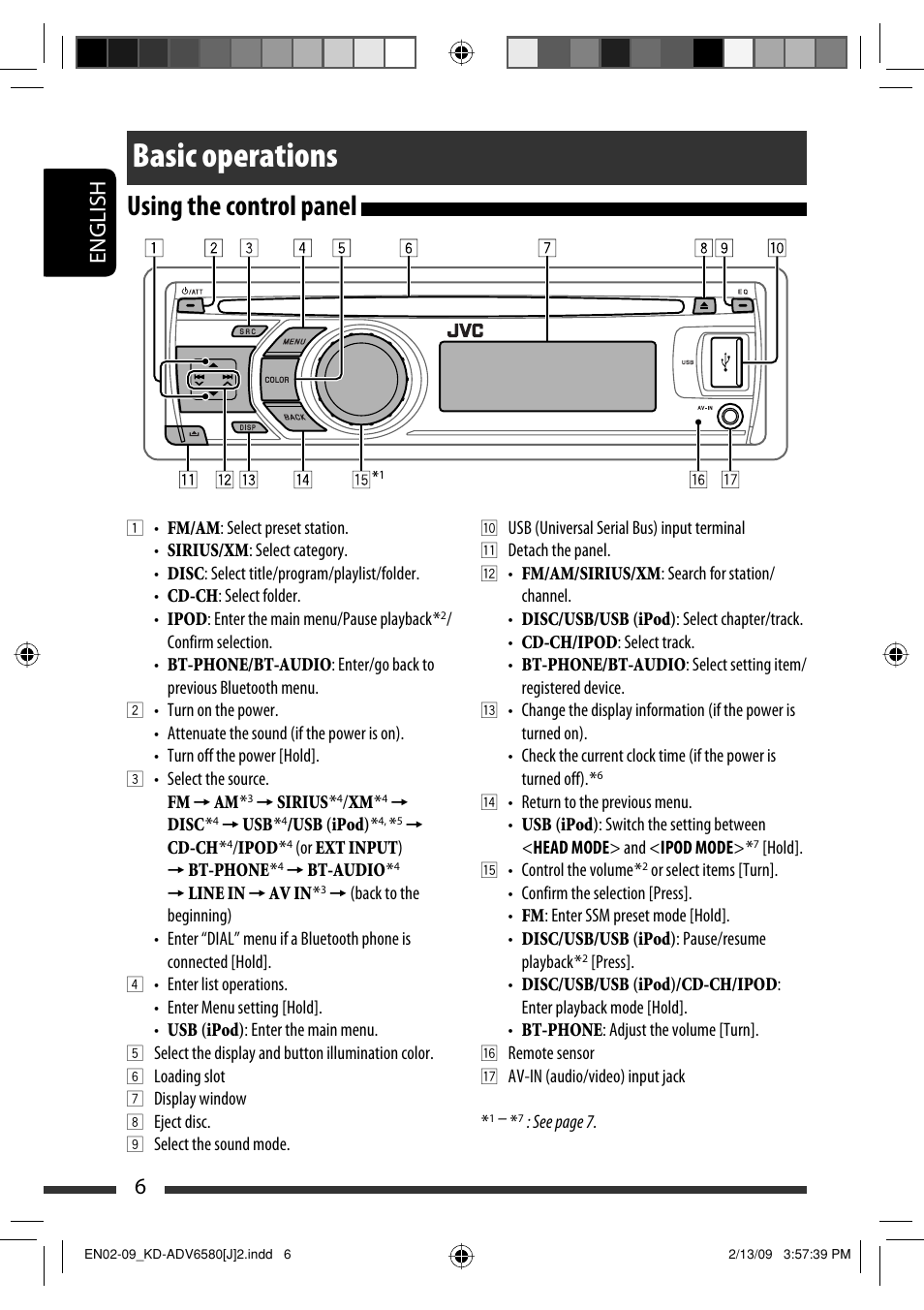 Basic operations, Using the control panel, 6english | JVC KD-ADV6580 User Manual | Page 6 / 181