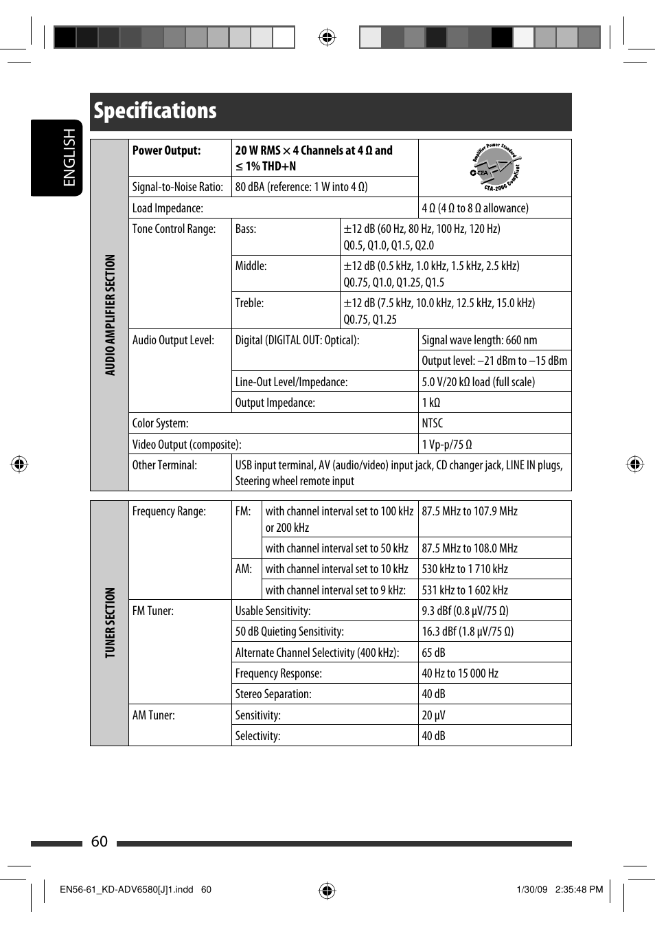 Specifications, 60 english | JVC KD-ADV6580 User Manual | Page 60 / 181