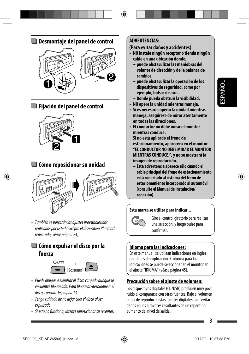 Cómo expulsar el disco por la fuerza, 3español | JVC KD-ADV6580 User Manual | Page 63 / 181