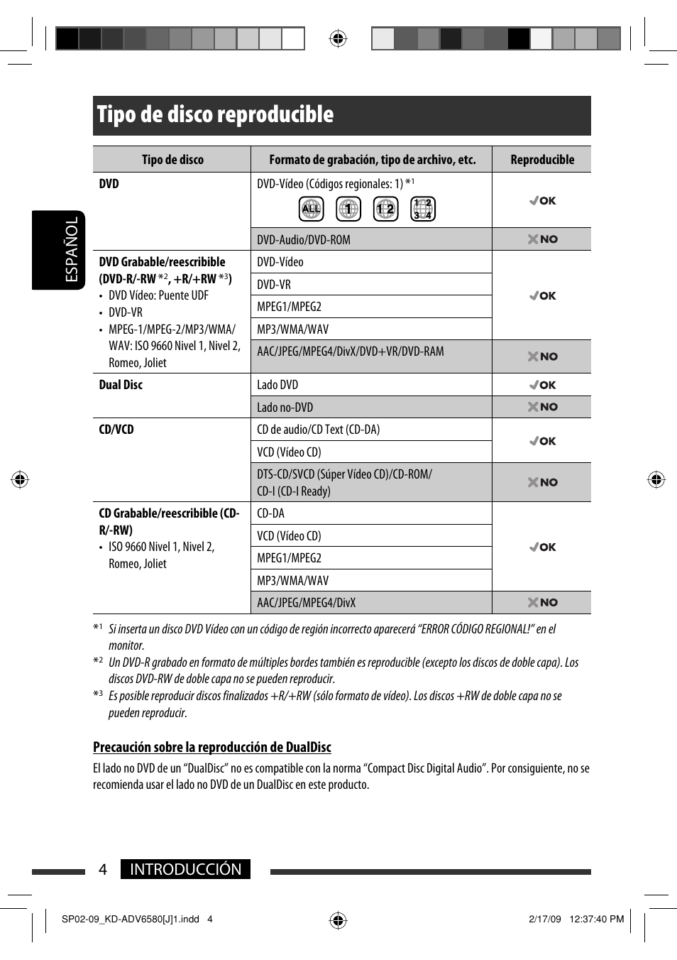Tipo de disco reproducible, 4introducción españolespañol | JVC KD-ADV6580 User Manual | Page 64 / 181
