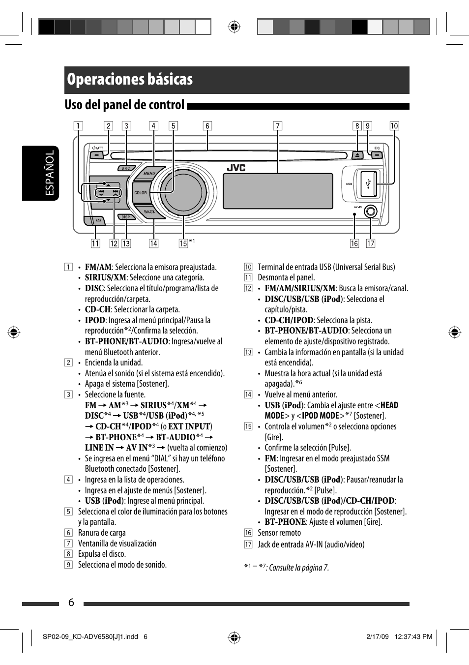 Operaciones básicas, Uso del panel de control, 6españolespañol | JVC KD-ADV6580 User Manual | Page 66 / 181