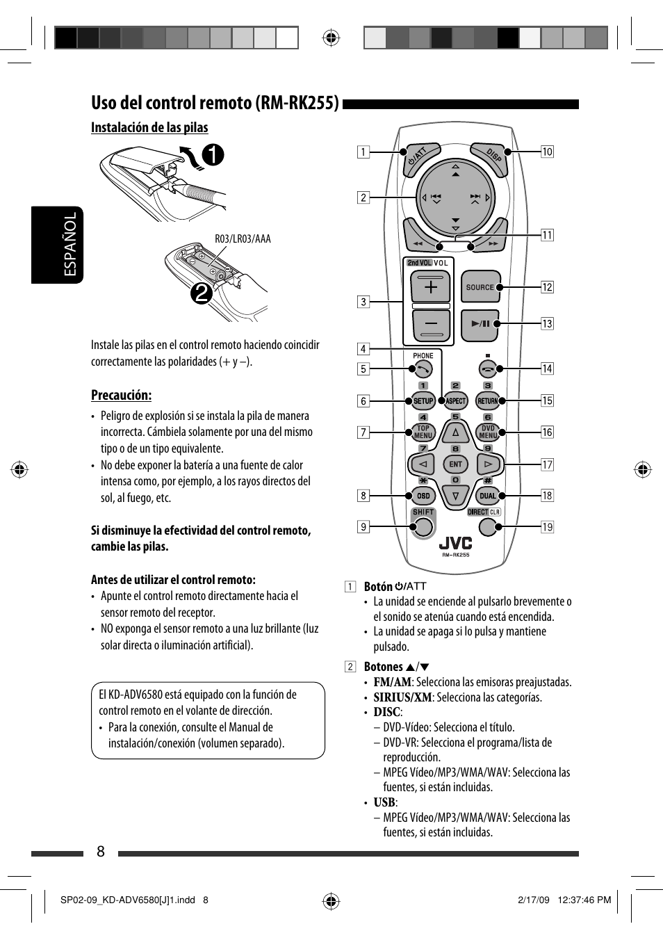Uso del control remoto (rm-rk255), 8español | JVC KD-ADV6580 User Manual | Page 68 / 181