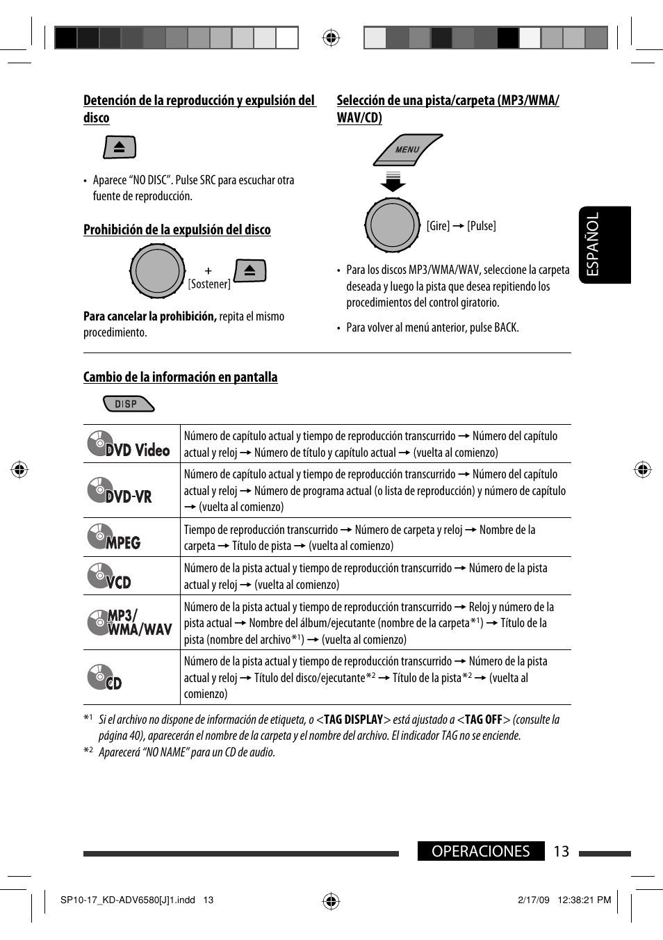 13 operaciones español | JVC KD-ADV6580 User Manual | Page 73 / 181