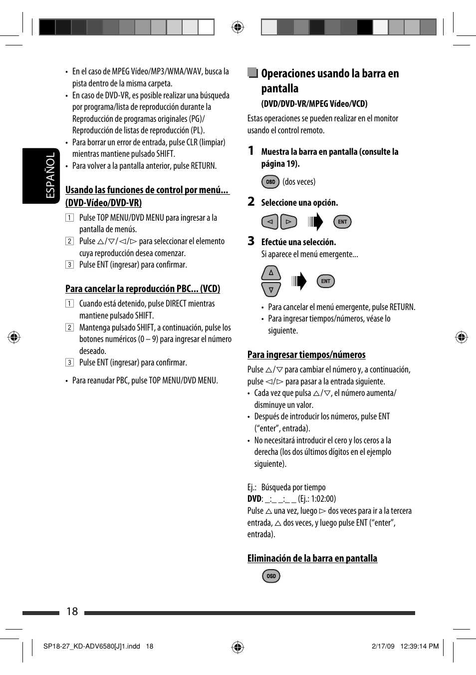 Operaciones usando la barra en pantalla, 18 español | JVC KD-ADV6580 User Manual | Page 78 / 181