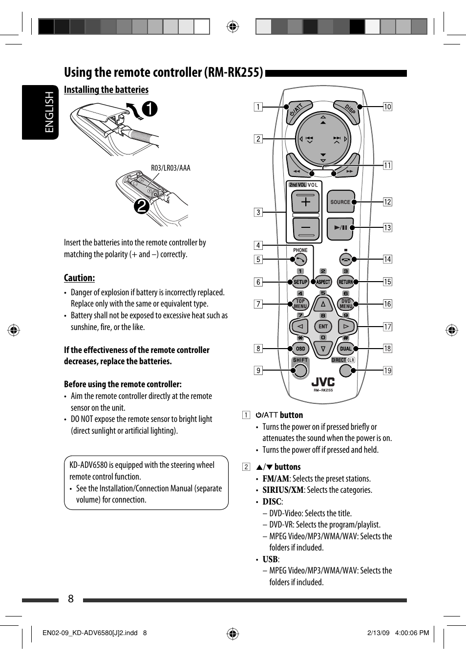 Using the remote controller (rm-rk255), 8english | JVC KD-ADV6580 User Manual | Page 8 / 181
