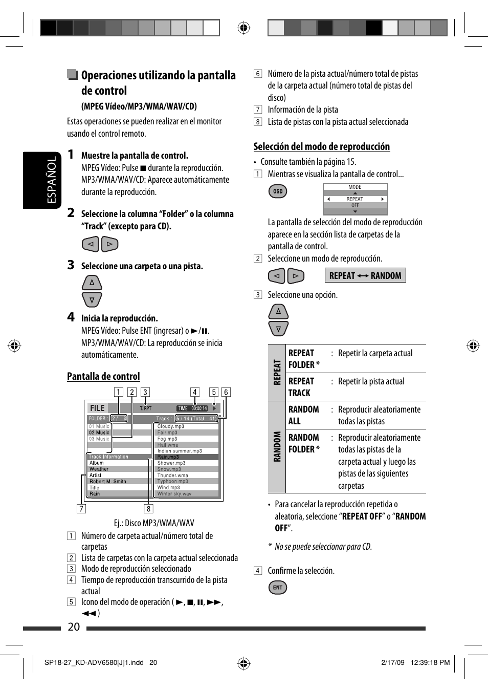 Operaciones utilizando la pantalla de control, 20 español | JVC KD-ADV6580 User Manual | Page 80 / 181