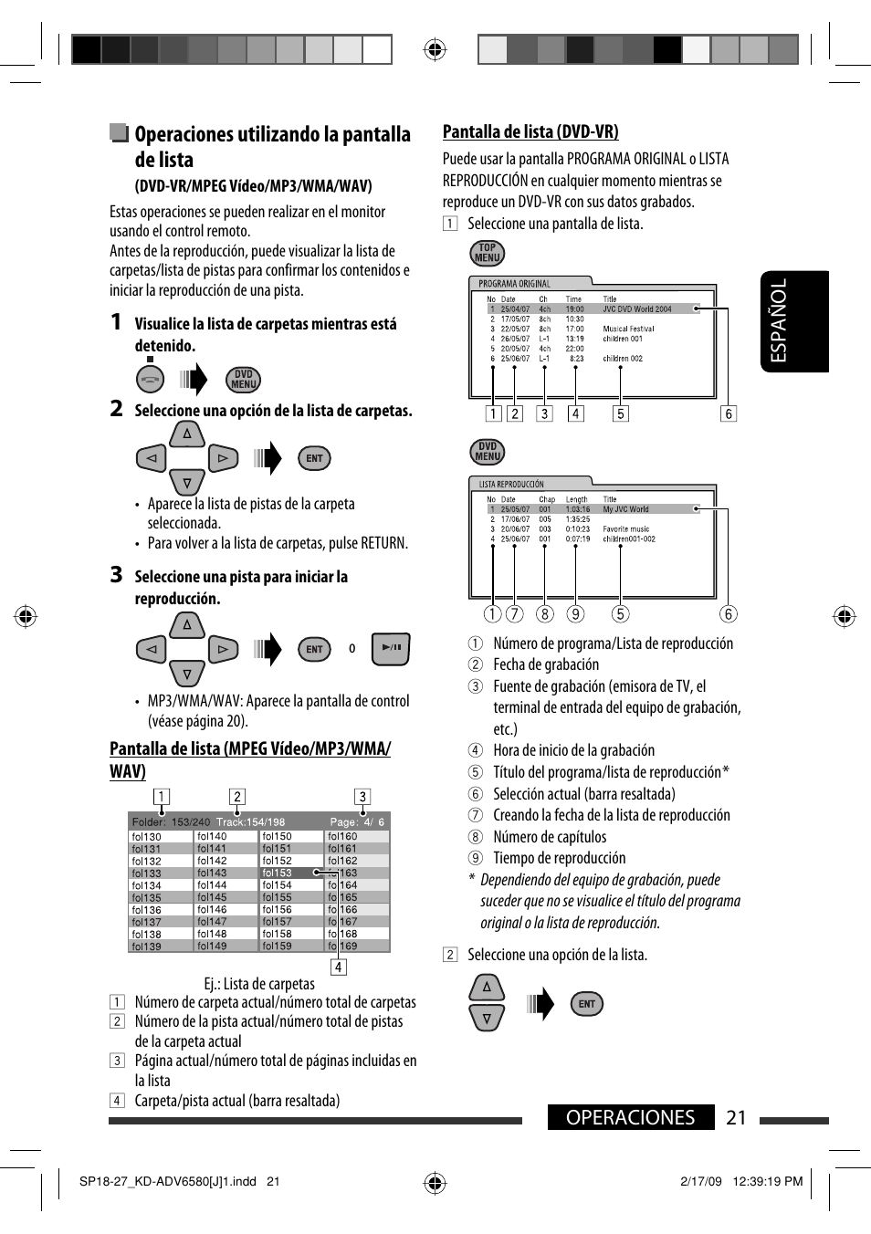 Operaciones utilizando la pantalla de lista, 21 operaciones español | JVC KD-ADV6580 User Manual | Page 81 / 181