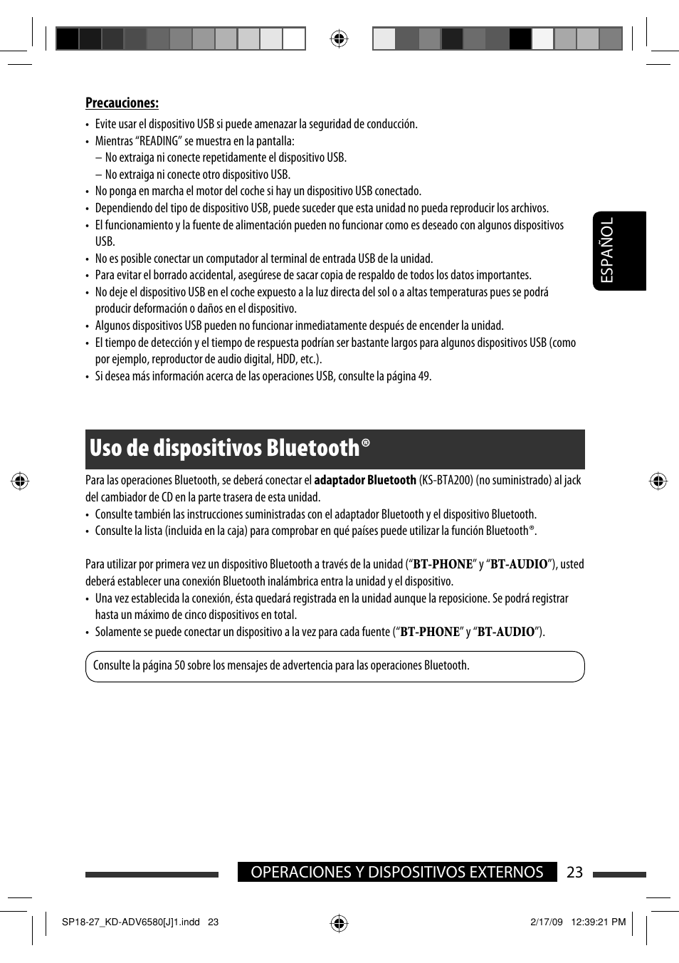 Uso de dispositivos bluetooth, 23 operaciones y dispositivos externos español | JVC KD-ADV6580 User Manual | Page 83 / 181