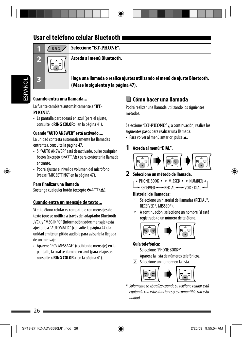 Usar el teléfono celular bluetooth, Cómo hacer una llamada | JVC KD-ADV6580 User Manual | Page 86 / 181