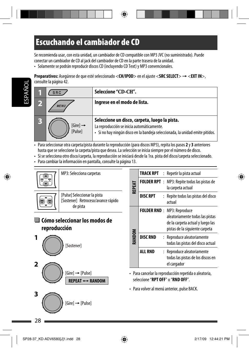 Escuchando el cambiador de cd, Cómo seleccionar los modos de reproducción | JVC KD-ADV6580 User Manual | Page 88 / 181