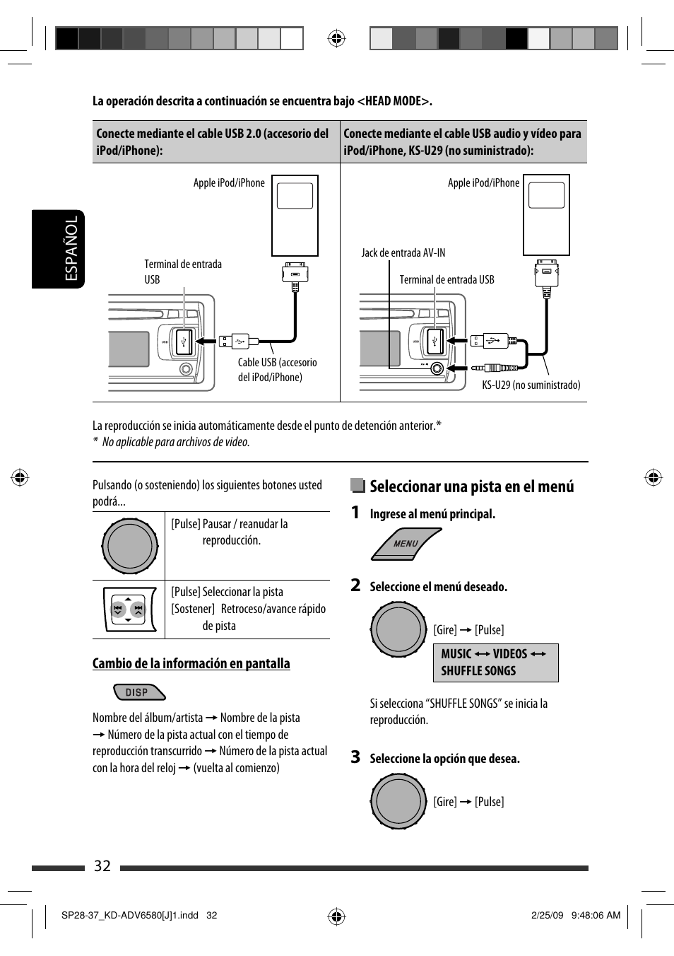 Seleccionar una pista en el menú, 32 español | JVC KD-ADV6580 User Manual | Page 92 / 181