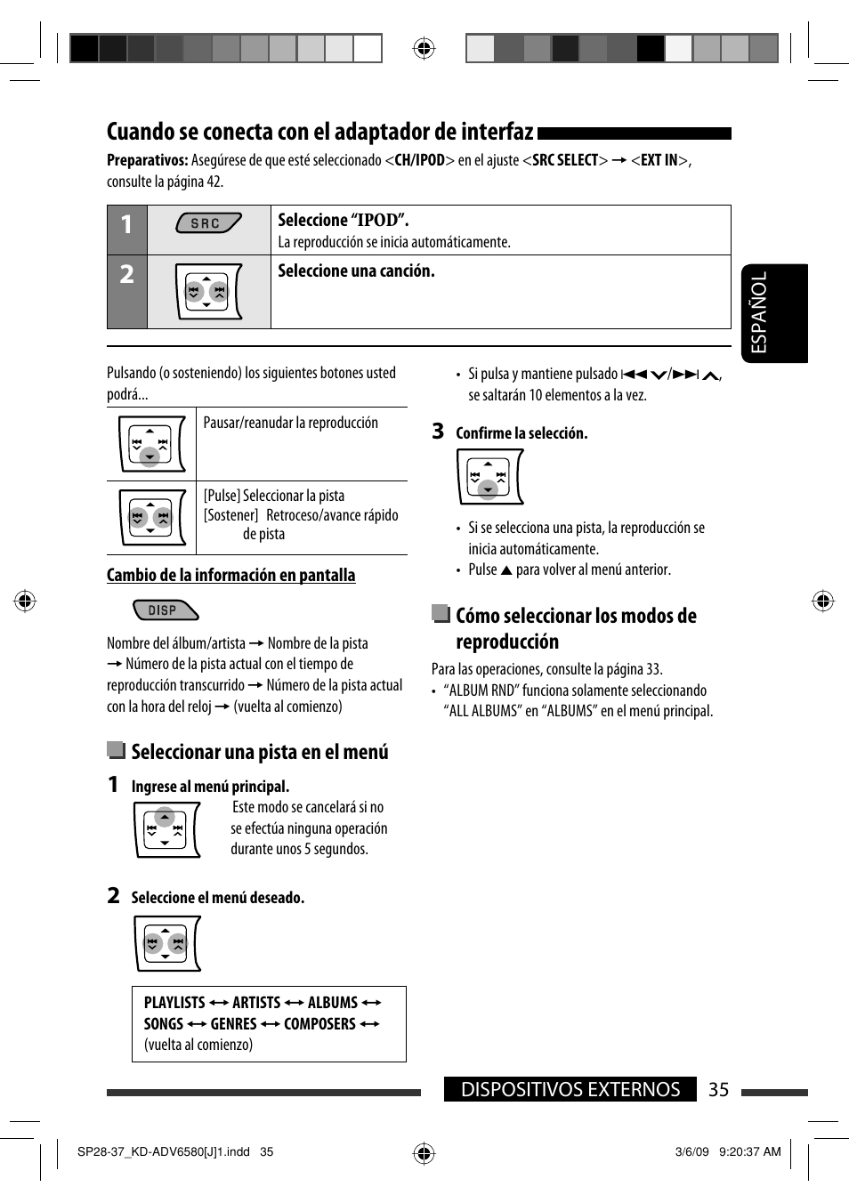 Cuando se conecta con el adaptador de interfaz, Seleccionar una pista en el menú, Cómo seleccionar los modos de reproducción | 35 dispositivos externos español | JVC KD-ADV6580 User Manual | Page 95 / 181