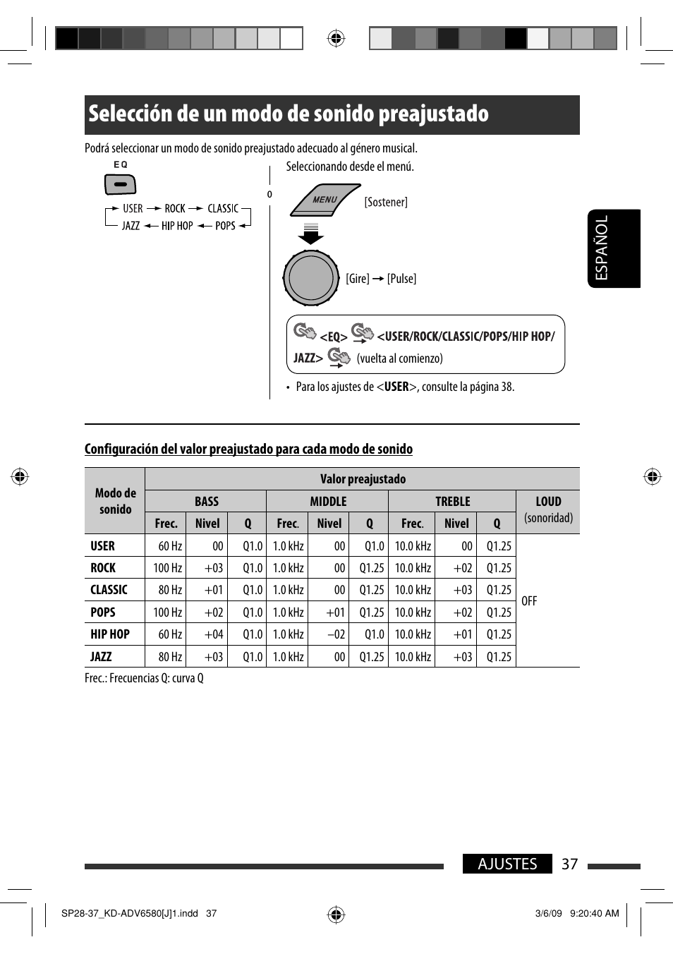 Selección de un modo de sonido preajustado, 37 ajustes español | JVC KD-ADV6580 User Manual | Page 97 / 181