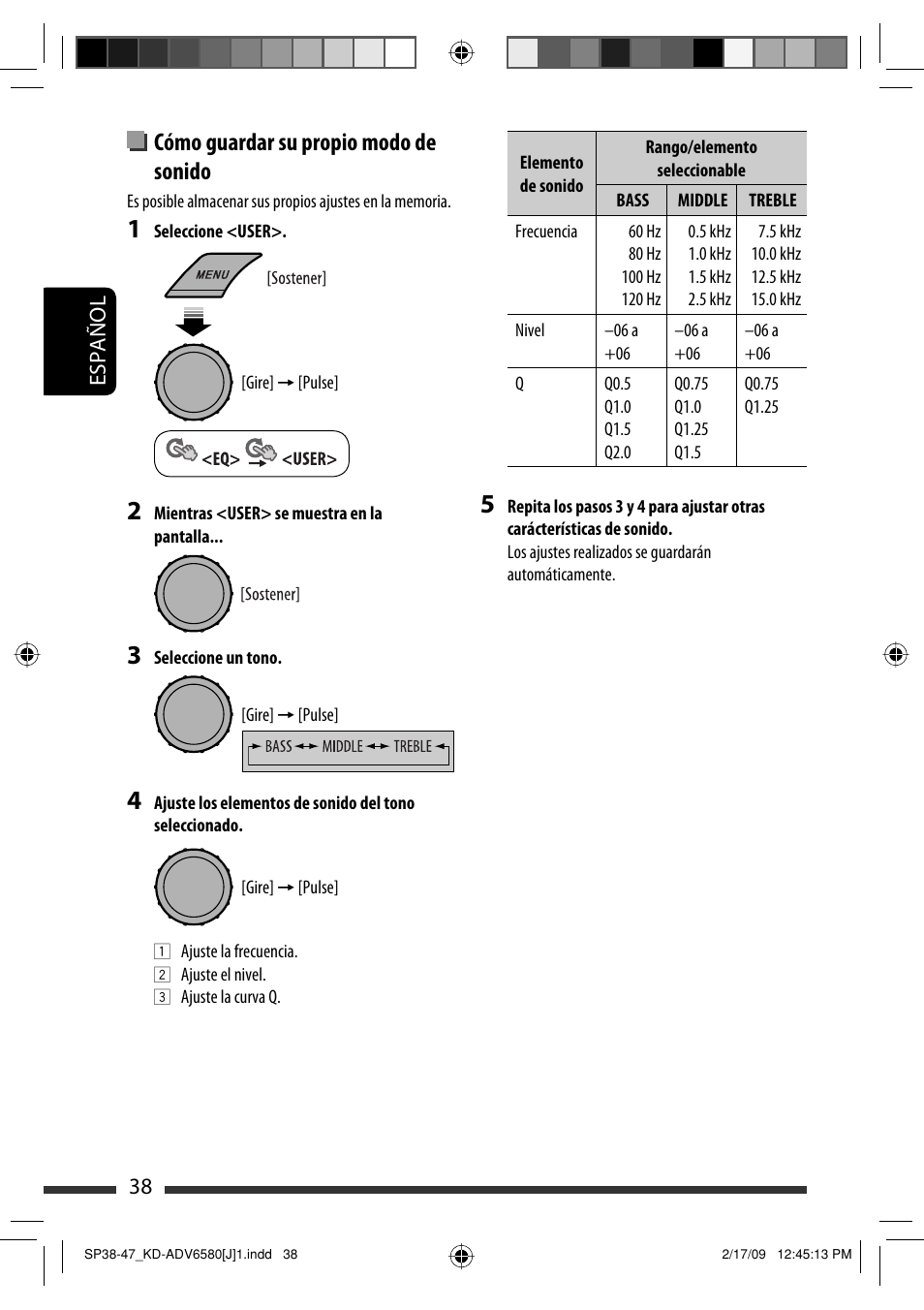 Cómo guardar su propio modo de sonido, 38 español | JVC KD-ADV6580 User Manual | Page 98 / 181
