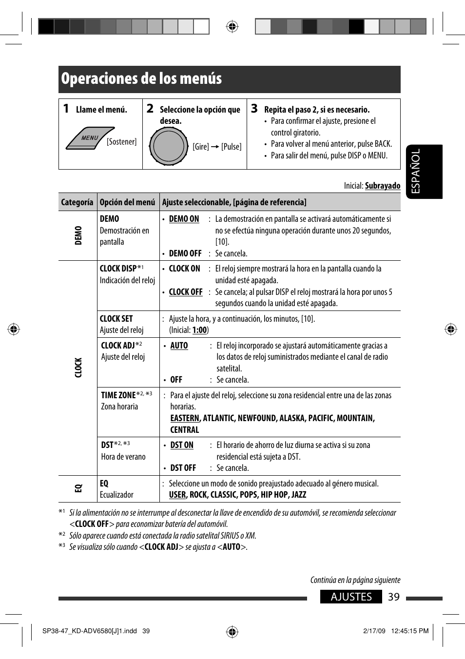 Operaciones de los menús, 39 ajustes español | JVC KD-ADV6580 User Manual | Page 99 / 181