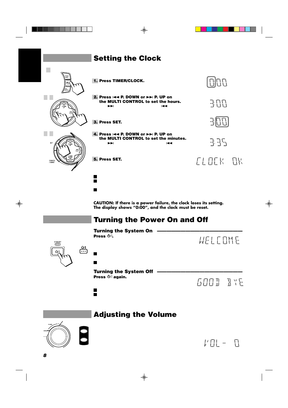 Setting the clock, Turning the power on and off, Adjusting the volume | JVC CA-D432TR User Manual | Page 12 / 43