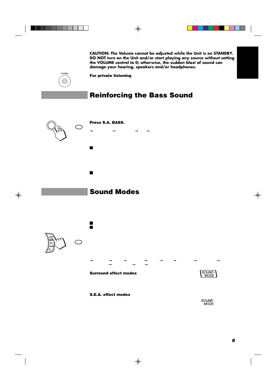 Reinforcing the bass sound, Sound modes, 9english | JVC CA-D432TR User Manual | Page 13 / 43